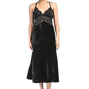 FARM Rio Richelieu Black Velvet Midi Slip Dress Medium, Elegant Designer Dress